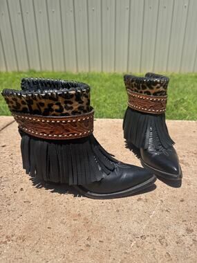 Justin Boots Black Fringe Ankle Booties with Leopard & Brown Strap